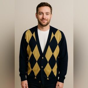 Vintage Jaeger Argyle metallic gold navy sweater cardigan‎ size small made in UK
